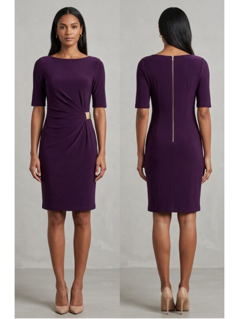 Tahari Arthur S Levine Purple Ruched Sheath Dress Gold Buckle Size 8